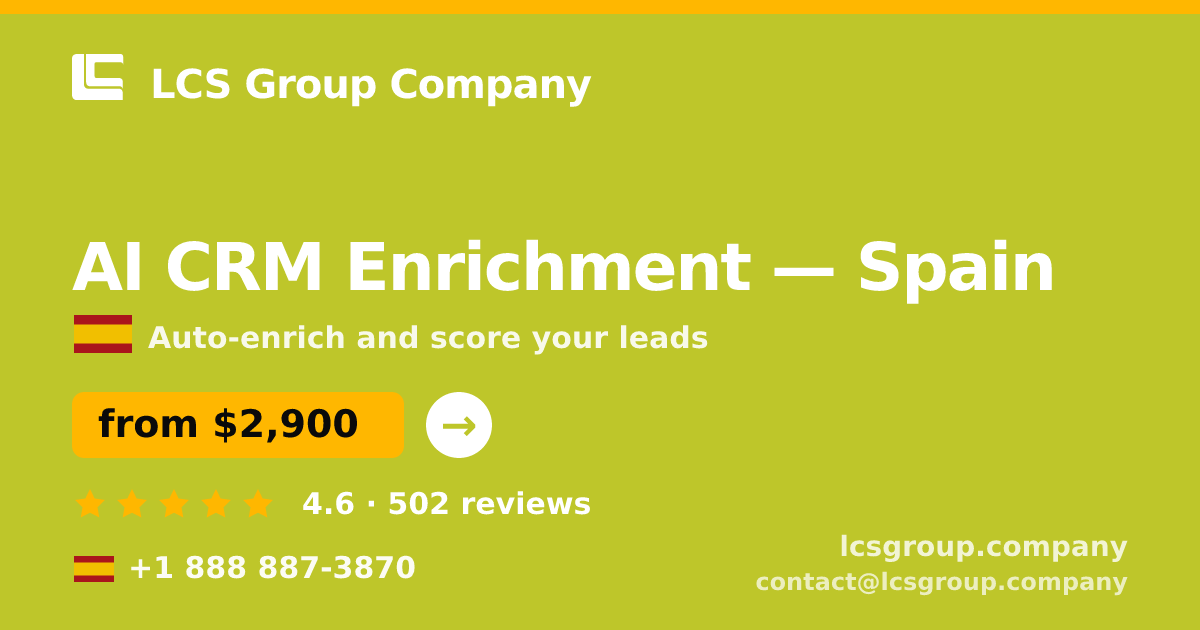 AI CRM Enrichment in Spain — from $2,900/mo, rated 4.6/5 by 502 clients. LCS Group Company.