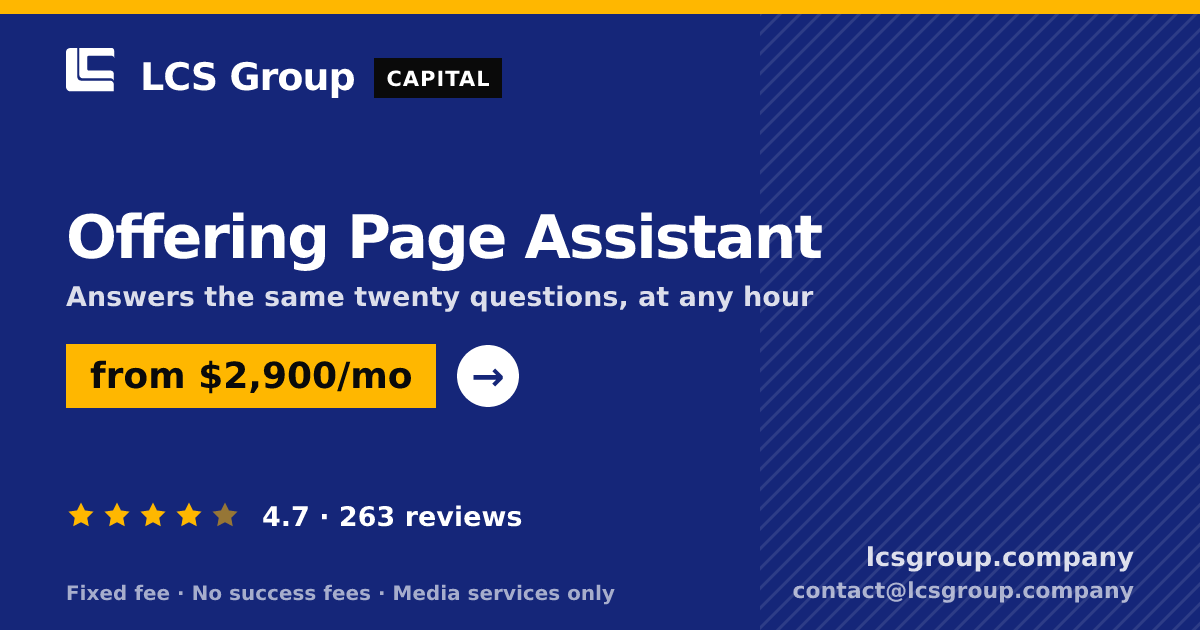 Offering Page Assistant — from $2,900/mo, rated 4.7/5 across 263 reviews. LCS Group Company.