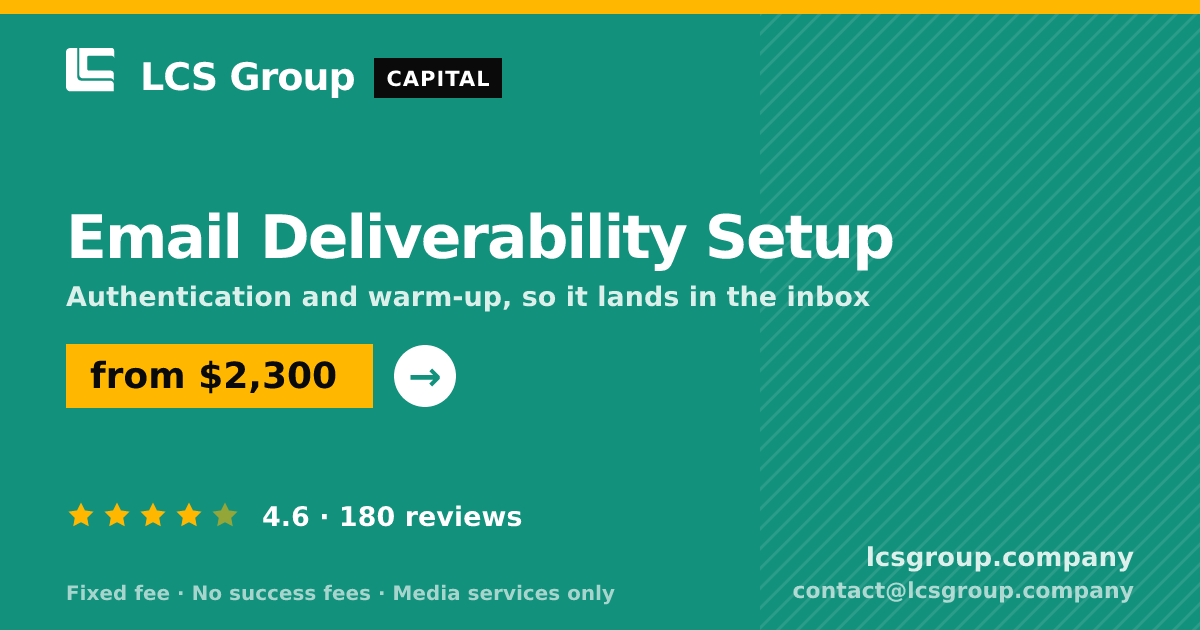 Email Deliverability Setup — from $2,300, rated 4.6/5 across 180 reviews. LCS Group Company.