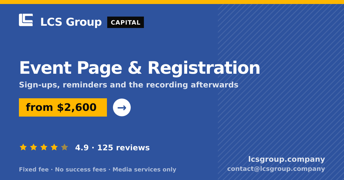 Event Page & Registration — from $2,600, rated 4.9/5 across 125 reviews. LCS Group Company.