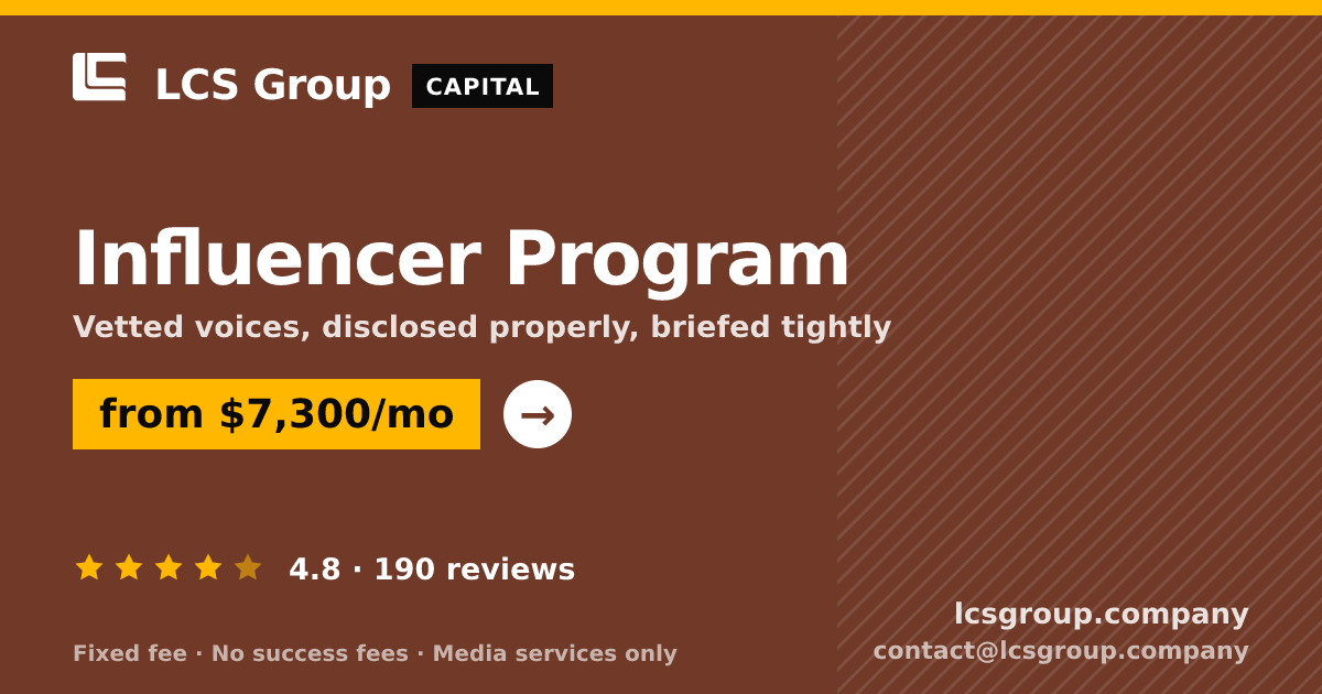 Influencer Program — from $7,300/mo, rated 4.8/5 across 190 reviews. LCS Group Company.