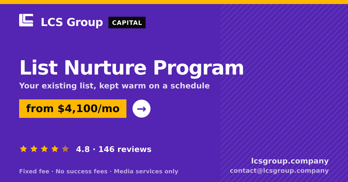 List Nurture Program — from $4,100/mo, rated 4.8/5 across 146 reviews. LCS Group Company.