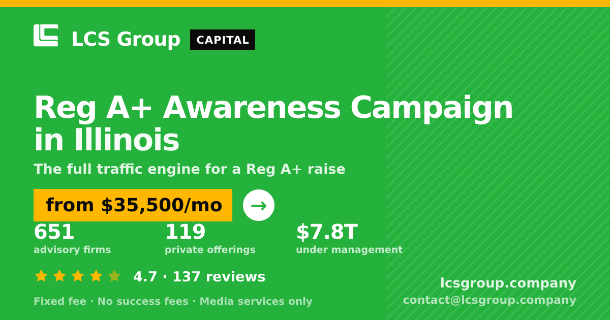 Reg A+ Awareness Campaign in Illinois — from $35,500/mo, rated 4.7/5 across 137 reviews. LCS Group Company.