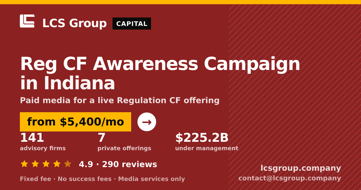 Reg CF Awareness Campaign in Indiana — from $5,400/mo, rated 4.9/5 across 290 reviews. LCS Group Company.