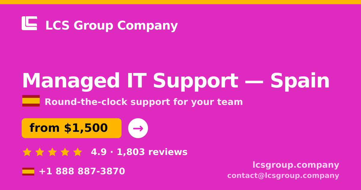 Managed IT Support in Spain — from $1,500/mo, rated 4.9/5 by 1803 clients. LCS Group Company.